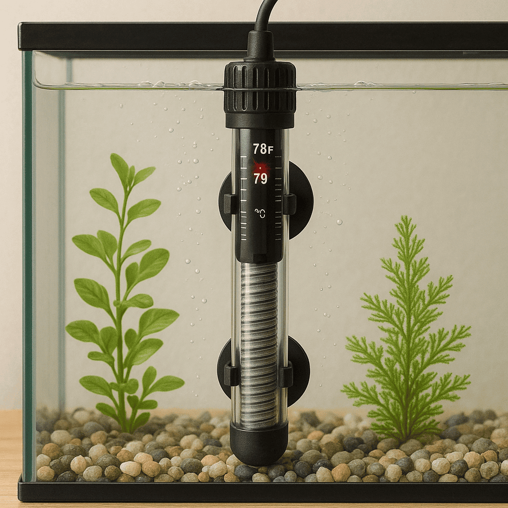 Aquarium heater attached to the glass with two green plants and gravel.