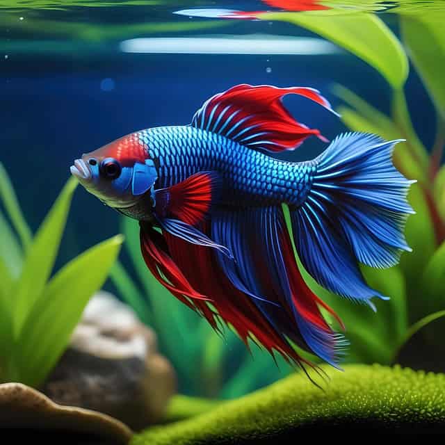 A vibrant blue and red betta fish swims in a planted aquarium with green leaves and rocks in the background.