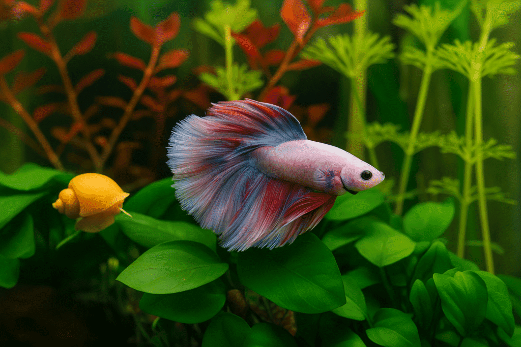 A pink and blue betta fish swims near green plants and a yellow snail in a freshwater aquarium.