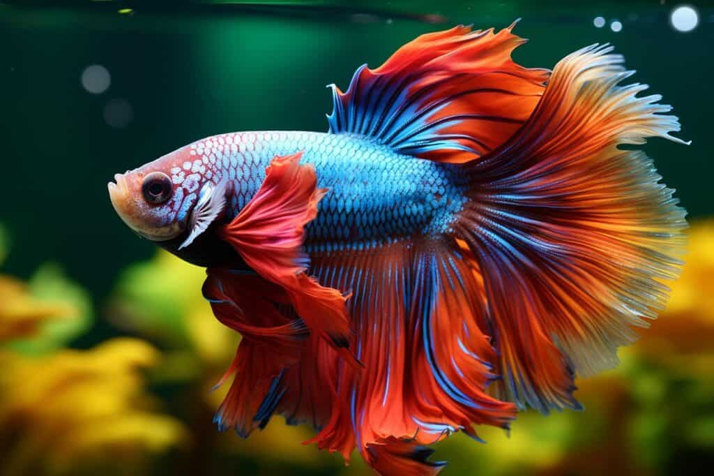 Vibrant blue and red betta fish with large fins in a colorful aquarium.