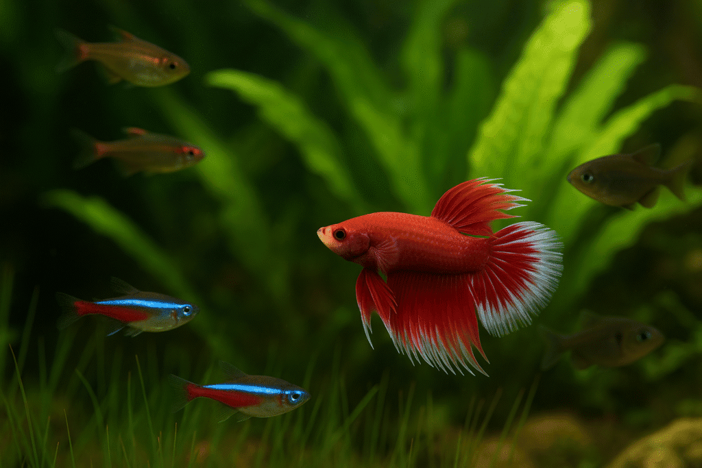 Red and white betta fish swimming with neon tetras and rasboras in a lush aquarium.