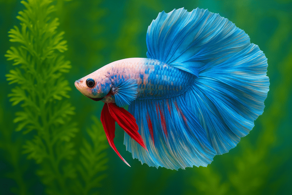 Blue and white betta fish with red fins swimming in front of green aquatic plants.