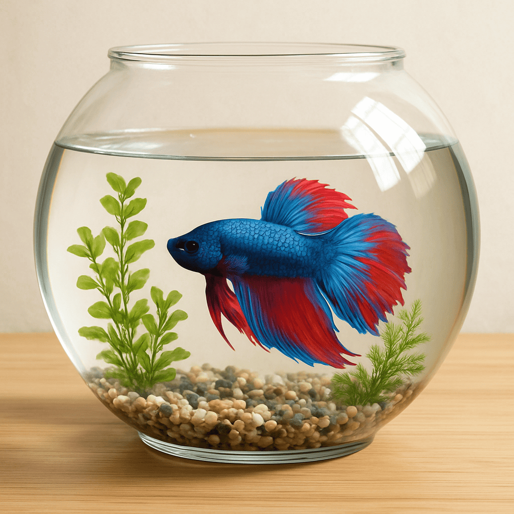 Betta fish in a round glass bowl with gravel and green plants.