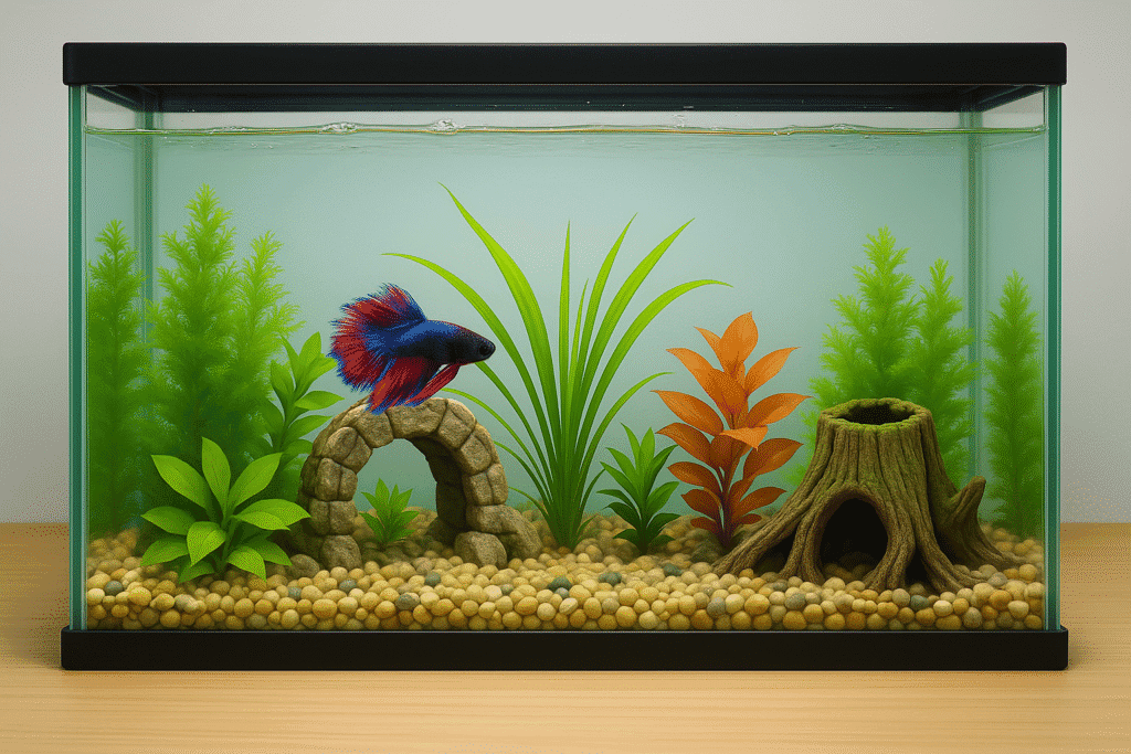 Betta fish swimming in a decorated aquarium with gravel and plants.