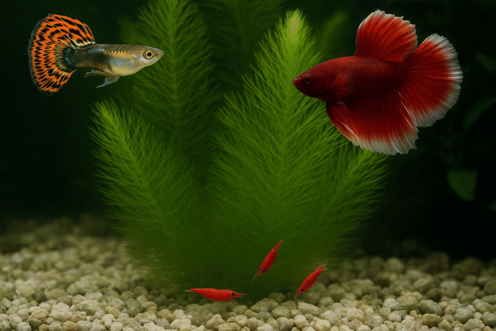 Red betta fish and guppy swimming with small red fish in a planted aquarium.