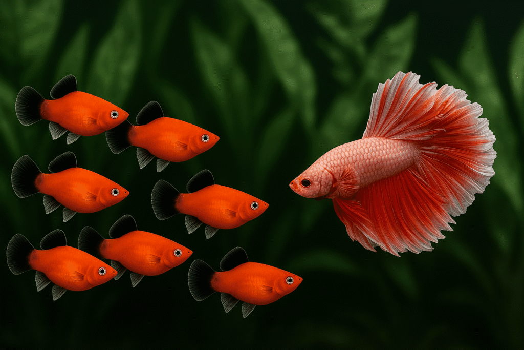 Pink betta fish facing a group of six orange platies in a planted tank.