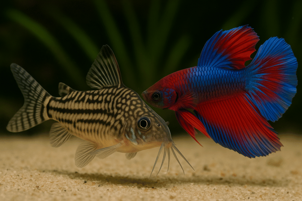 Corydoras catfish and a colorful betta fish together in a planted aquarium.