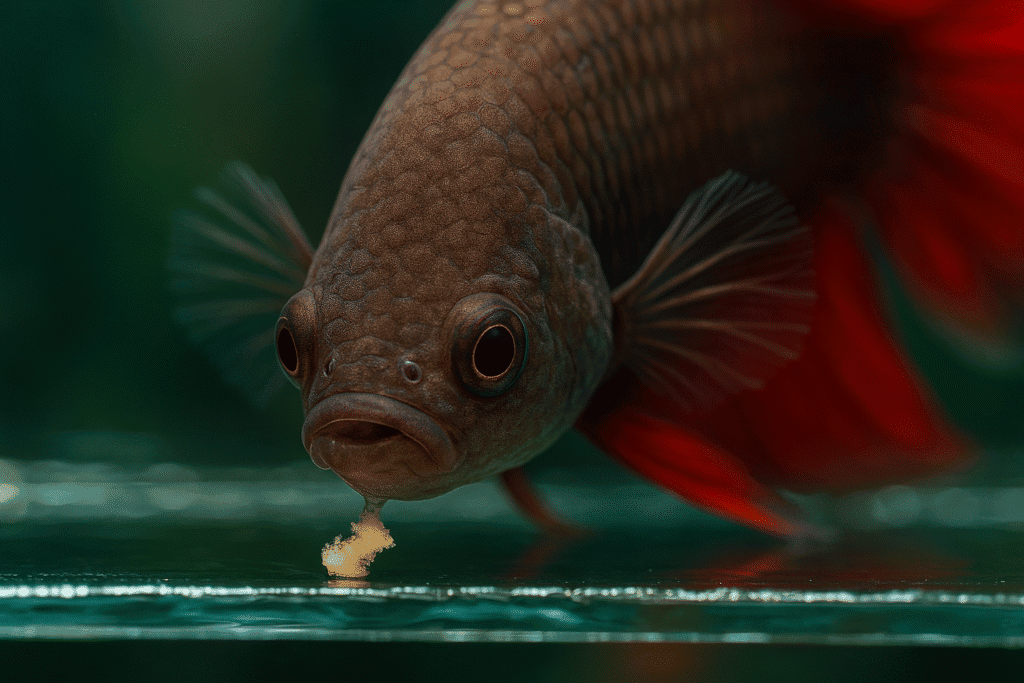 Close-up of a betta fish eating food at the bottom of an aquarium.