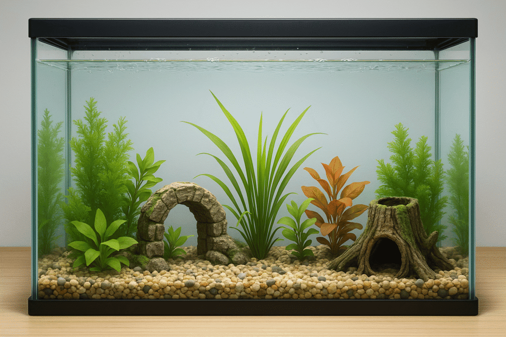 Glass aquarium with gravel, green plants, and decorations, but no fish visible.