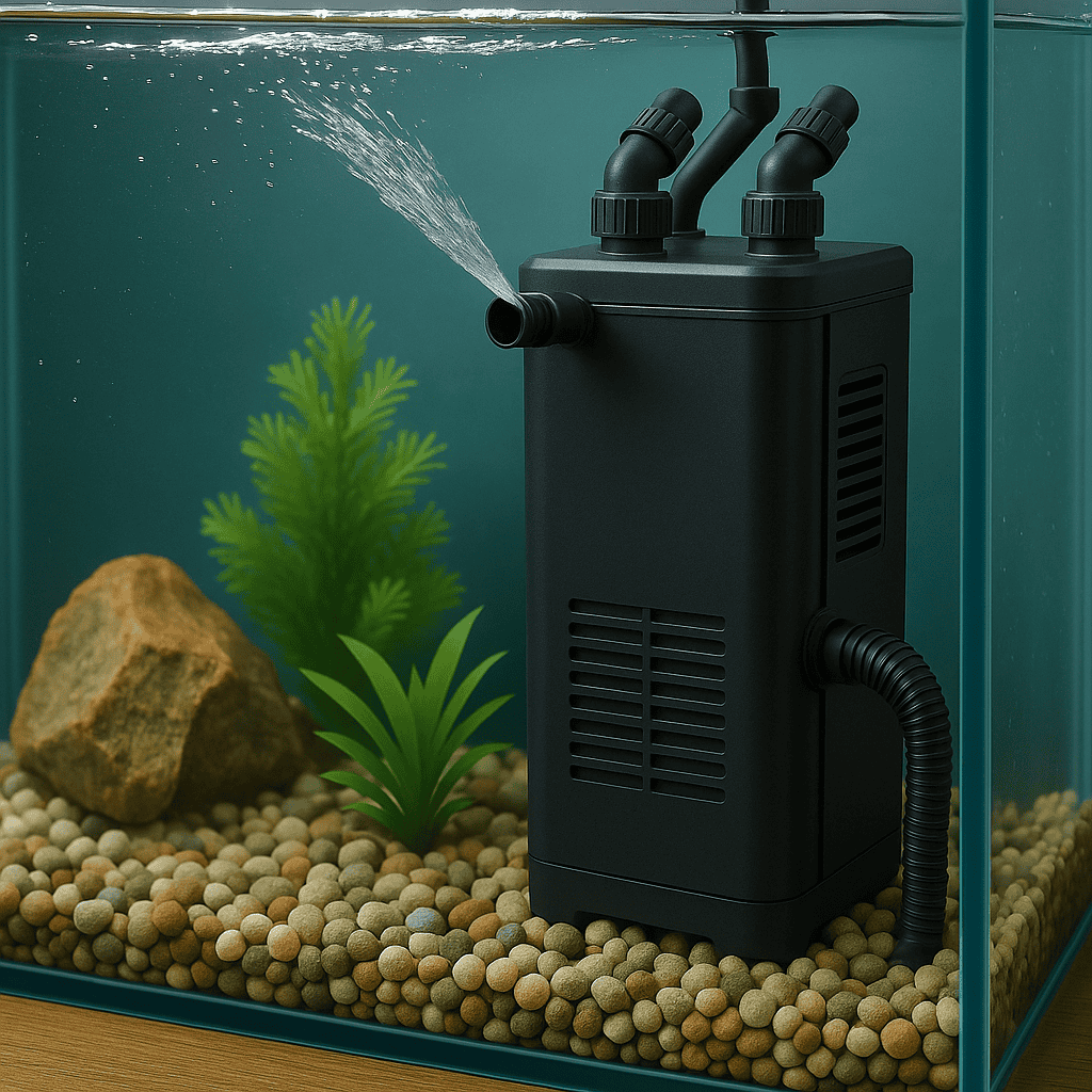 Aquarium filter operating in a fish tank with gravel, rocks, and artificial plants.