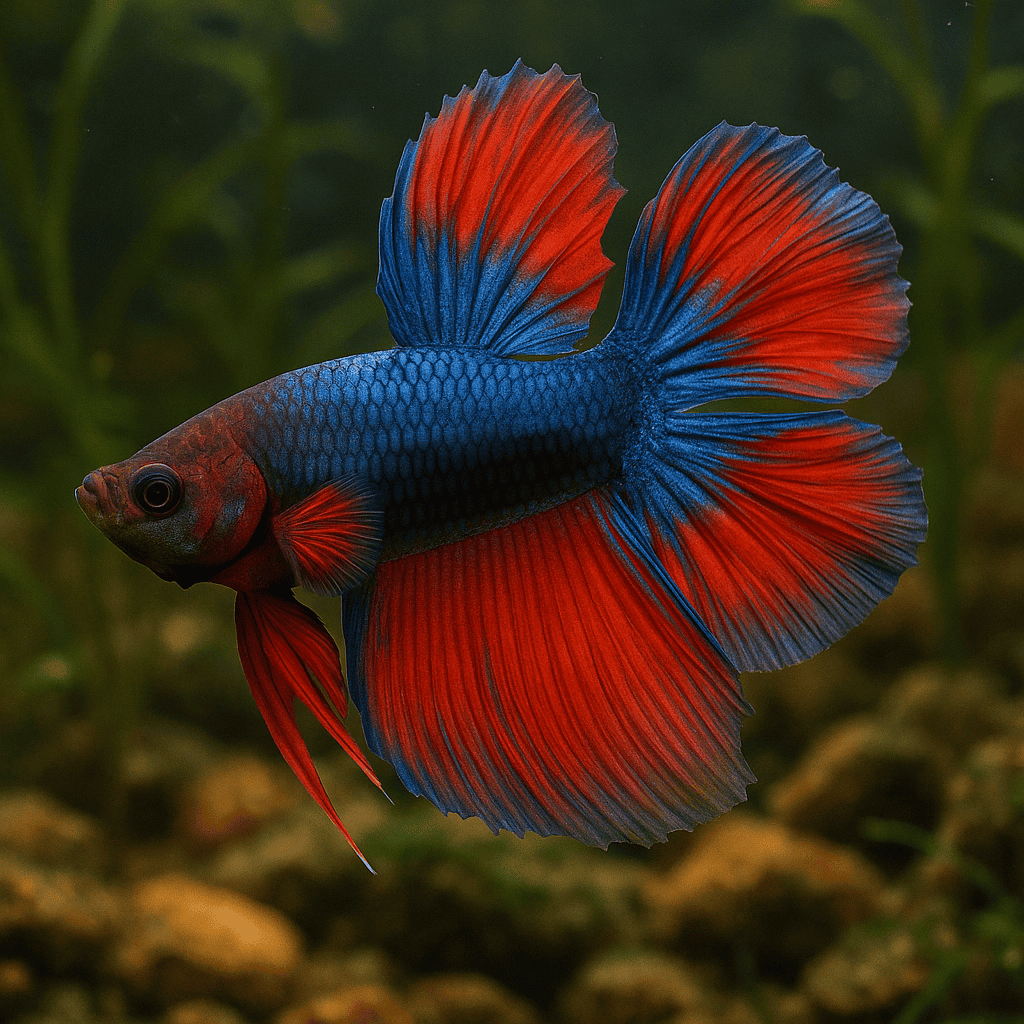 A vibrant Double Tail Betta Fish with flowing, split fins and vivid blue and red colors swimming in clear water.