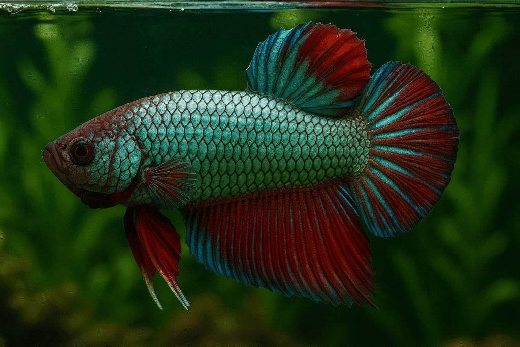 A vibrant Dragon Scale Betta Fish swims in a clear aquarium with green plants and smooth pebbles at the bottom.