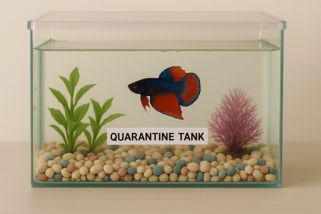Betta fish in a quarantine tank with plants and gravel at the bottom.