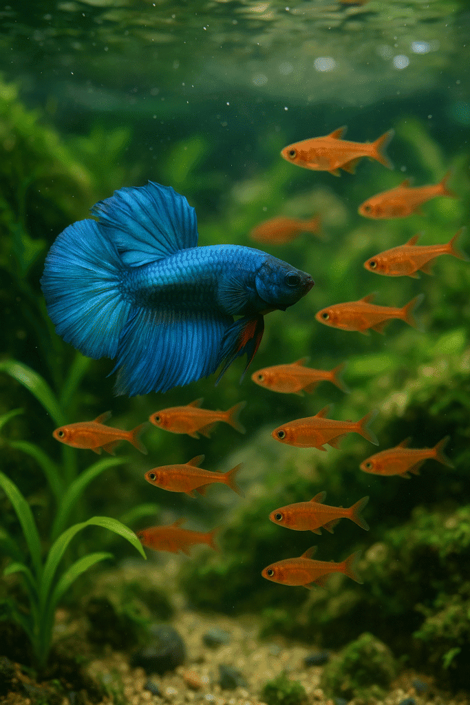 A vibrant betta fish swims alongside a small school of orange ember tetras in a lush, planted aquarium.