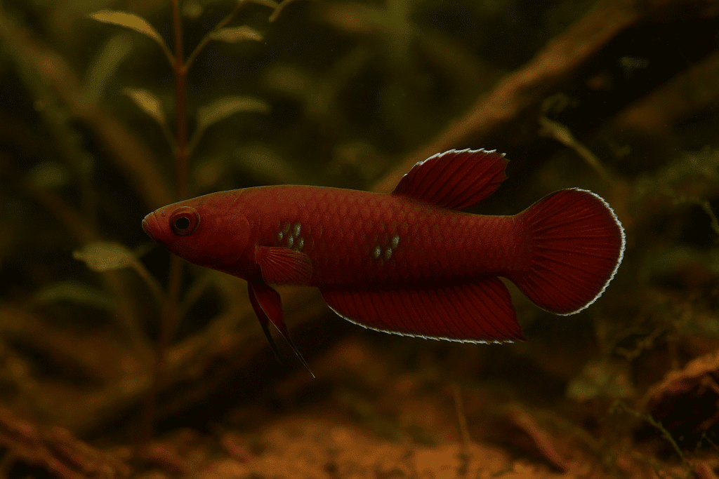 A vibrant red Betta coccina swims among green aquatic plants in a clear freshwater aquarium.