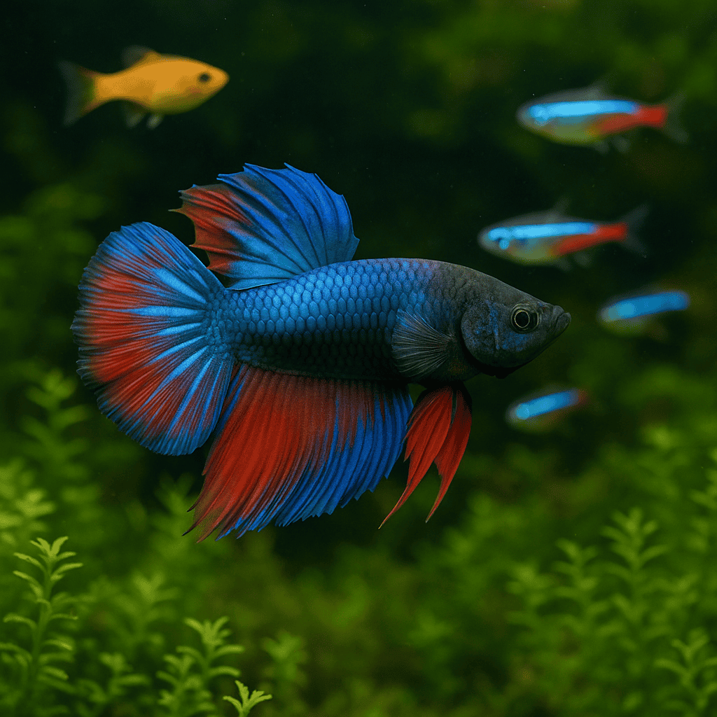 Vibrant blue and red betta fish swimming in a community aquarium with other fish.
