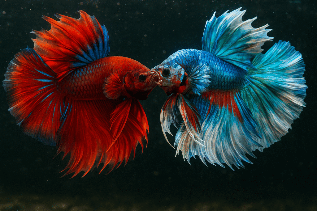Two vibrant betta fish flare their fins and face each other aggressively in a dramatic underwater confrontation.