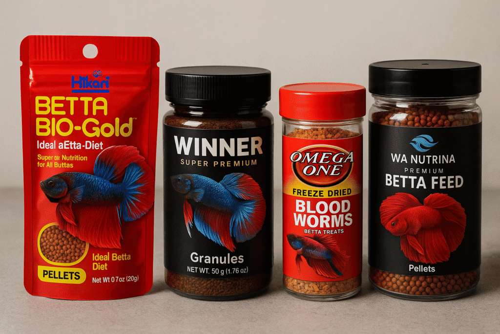 Four containers of betta fish food, including pellets, granules, and freeze-dried blood worms.