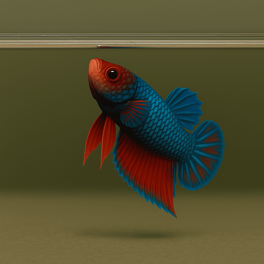 Vibrant blue and red betta fish swimming near the water surface in an aquarium.