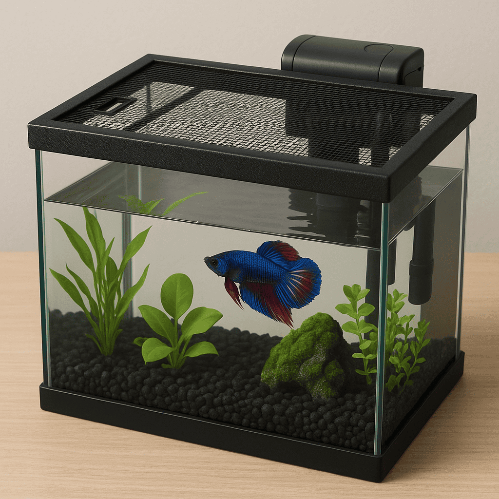 Mesh screen cover securely placed on a betta fish tank to prevent the fish from jumping out.