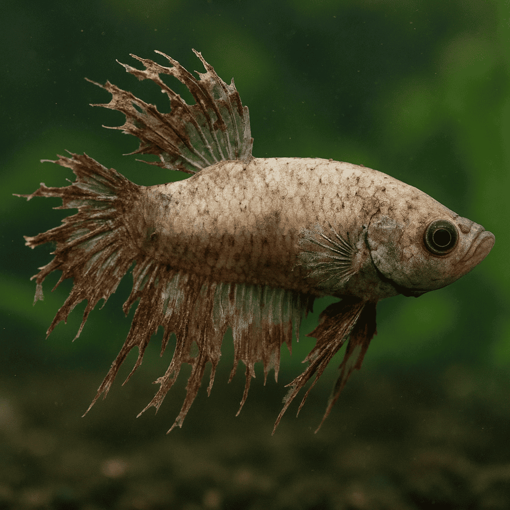 Betta fish suffering from fin rot with ragged, discolored fins.