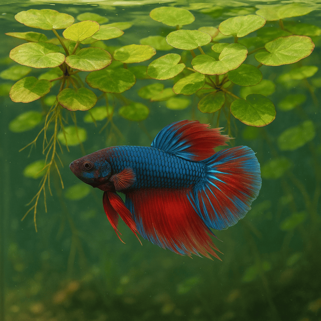 A fish tank with green floating plants and a vibrant betta fish swimming near the water’s surface.