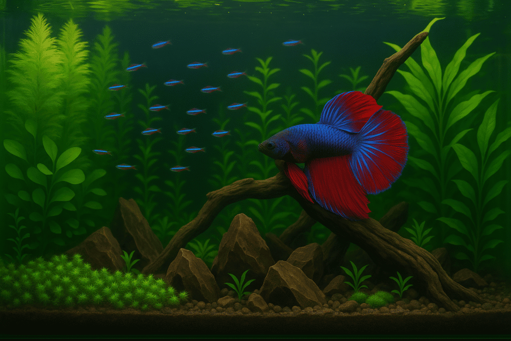 A realistic, lushly planted aquarium with a small betta fish swimming among green aquatic plants.