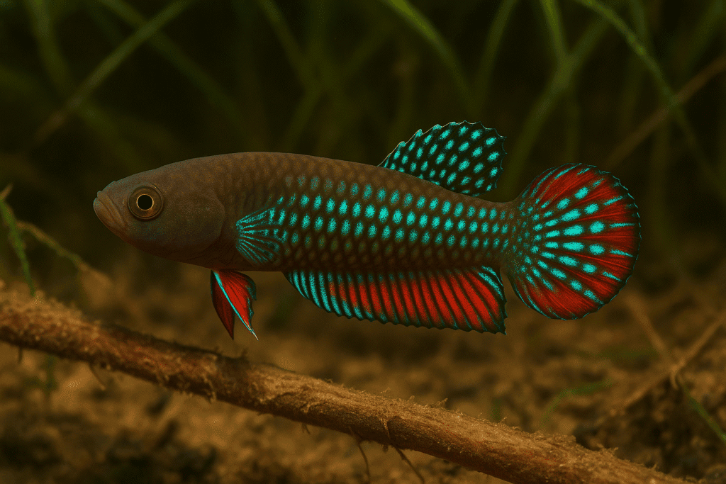 A brightly lit Betta stiktos fish swimming in clear water, showing its vibrant fins and subtle body patterns.