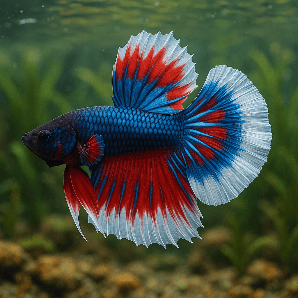 A vibrant Butterfly Pattern Betta Fish with colorful, flowing fins swimming in clear water.