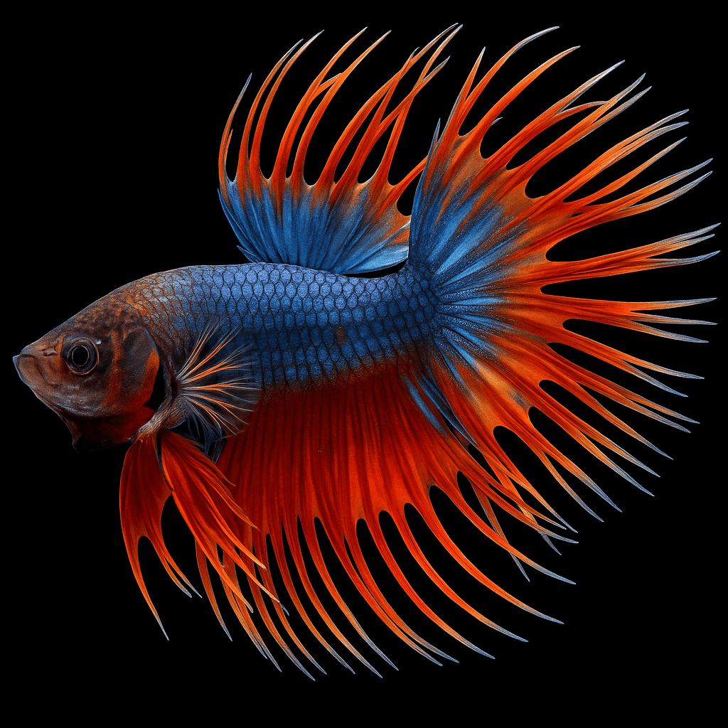 A vibrant crown tail betta fish with flowing, spiky fins swims gracefully against a dark background.