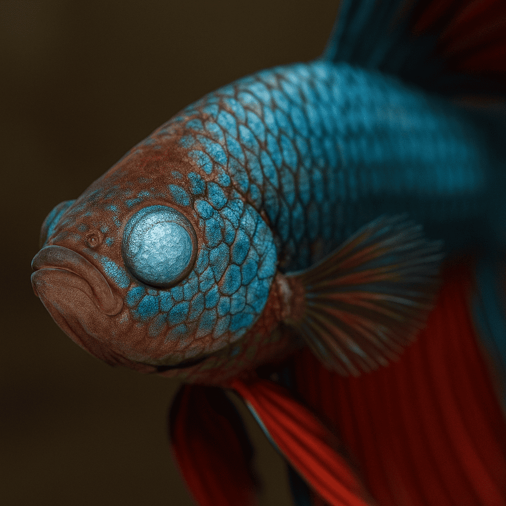 A betta fish with diamond eye disease, showing a cloudy, raised eye with a reflective, jewel-like appearance.