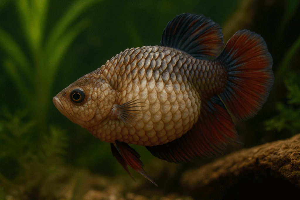 A betta fish with swollen body and raised scales, showing classic symptoms of dropsy in an aquarium.
