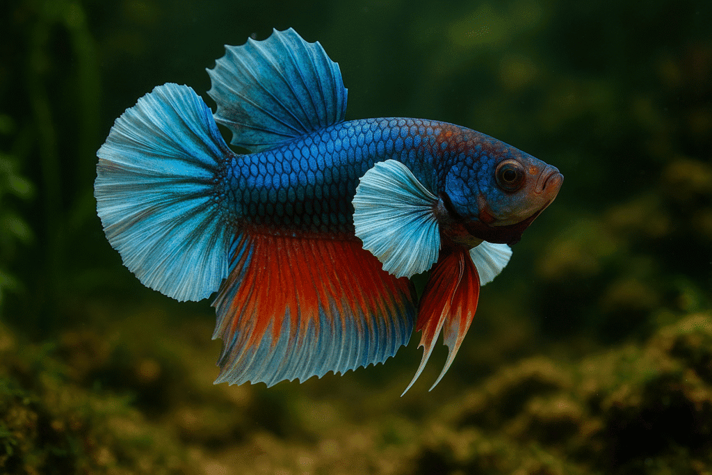 A vibrant dumbo betta fish with large, pale pectoral fins swimming in a clear aquarium.