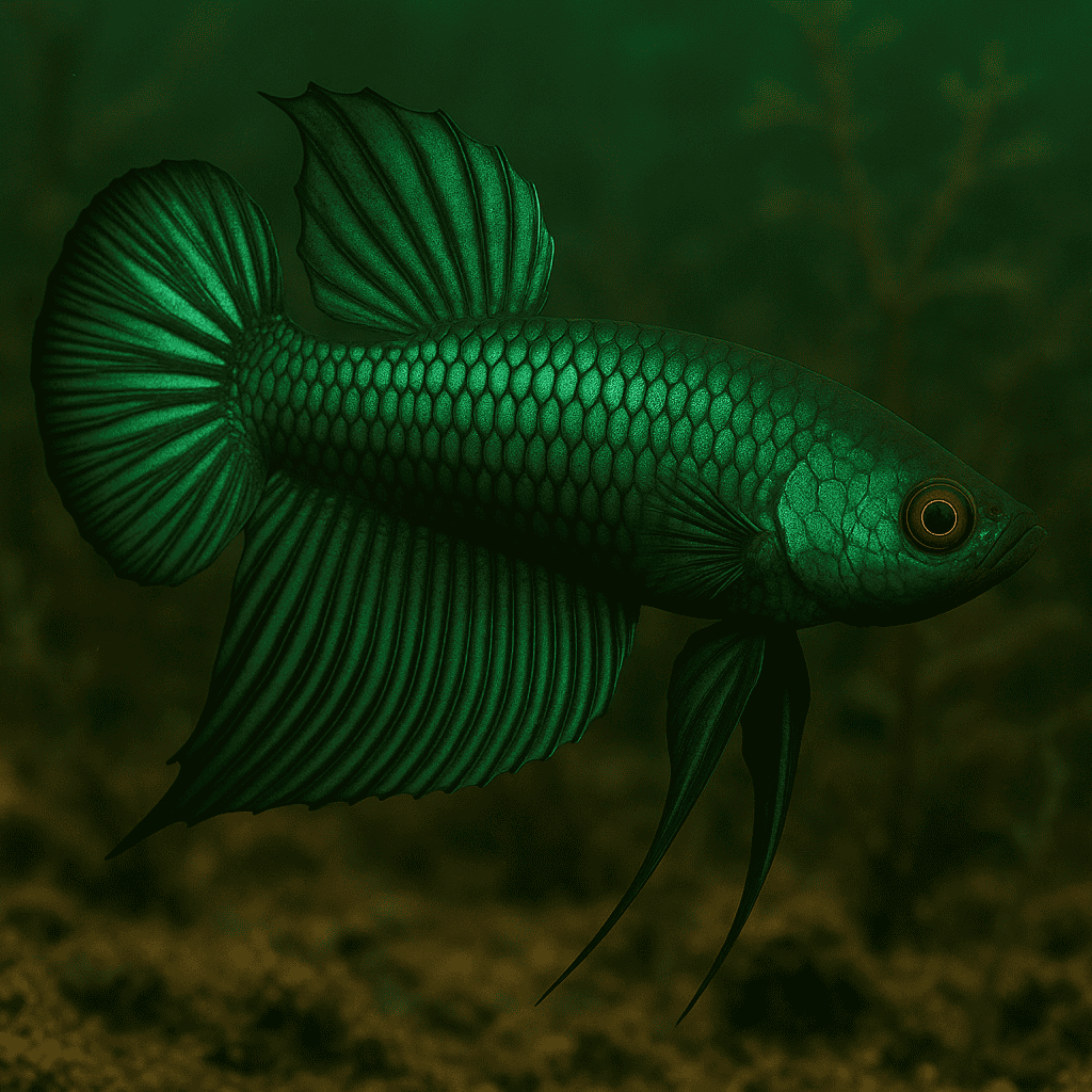 Emerald green Betta Smaragdina fish with iridescent scales and flowing fins swimming in clear aquarium water.