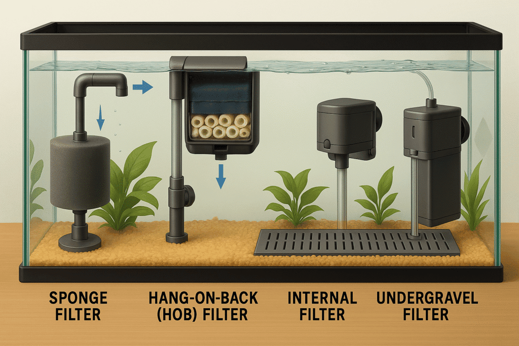 Aquarium diagram showing sponge, hang-on-back, internal, and undergravel filters.
