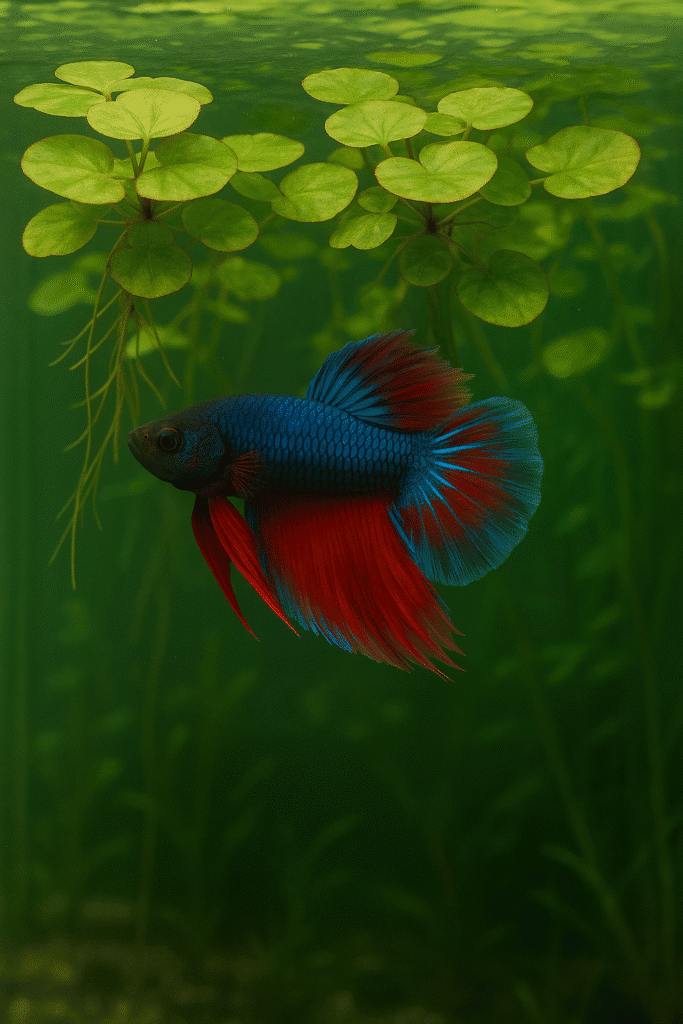 A fish tank with green floating plants and a vibrant betta fish swimming in greenish water