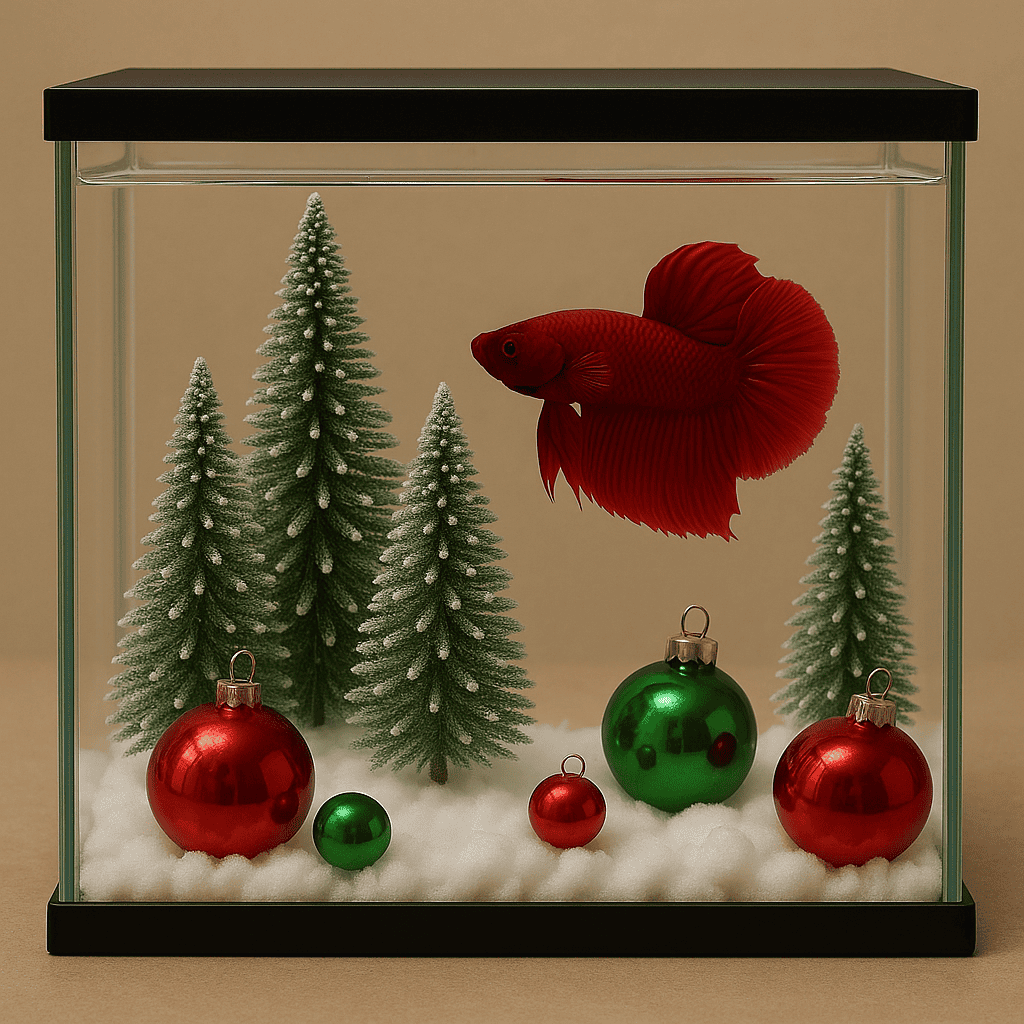 Betta fish tank decorated with Christmas ornaments and a miniature tree