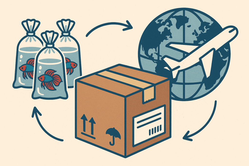 Illustration showing betta fish being carefully packaged and shipped internationally in secure containers