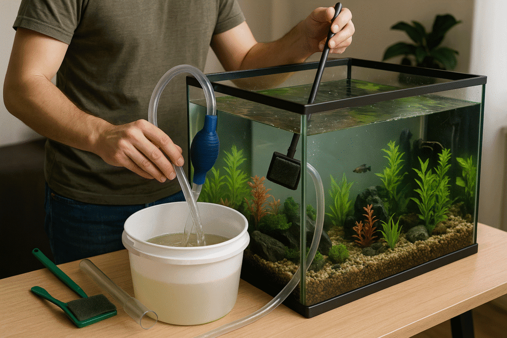 A person carefully cleaning a fish tank, scrubbing the glass and changing the water, with aquarium supplies nearby.