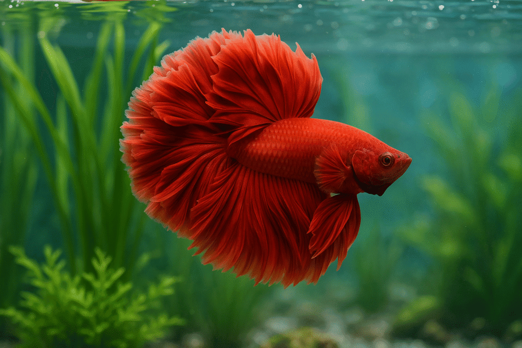 A realistic Rosetail Betta Fish swims in a clear aquarium with plants and gravel at the bottom.