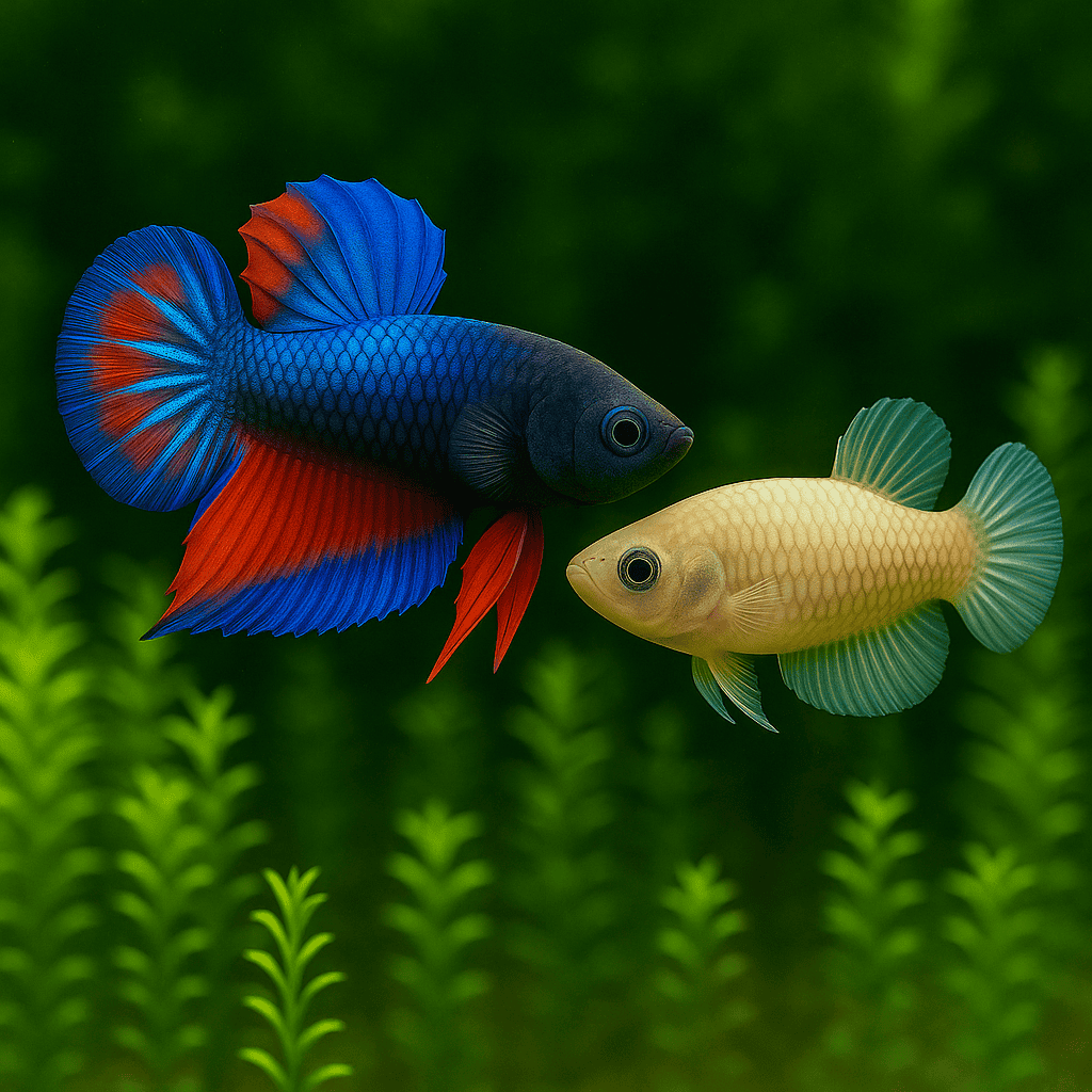 Two colorful betta fish swimming in a planted aquarium with a green background.