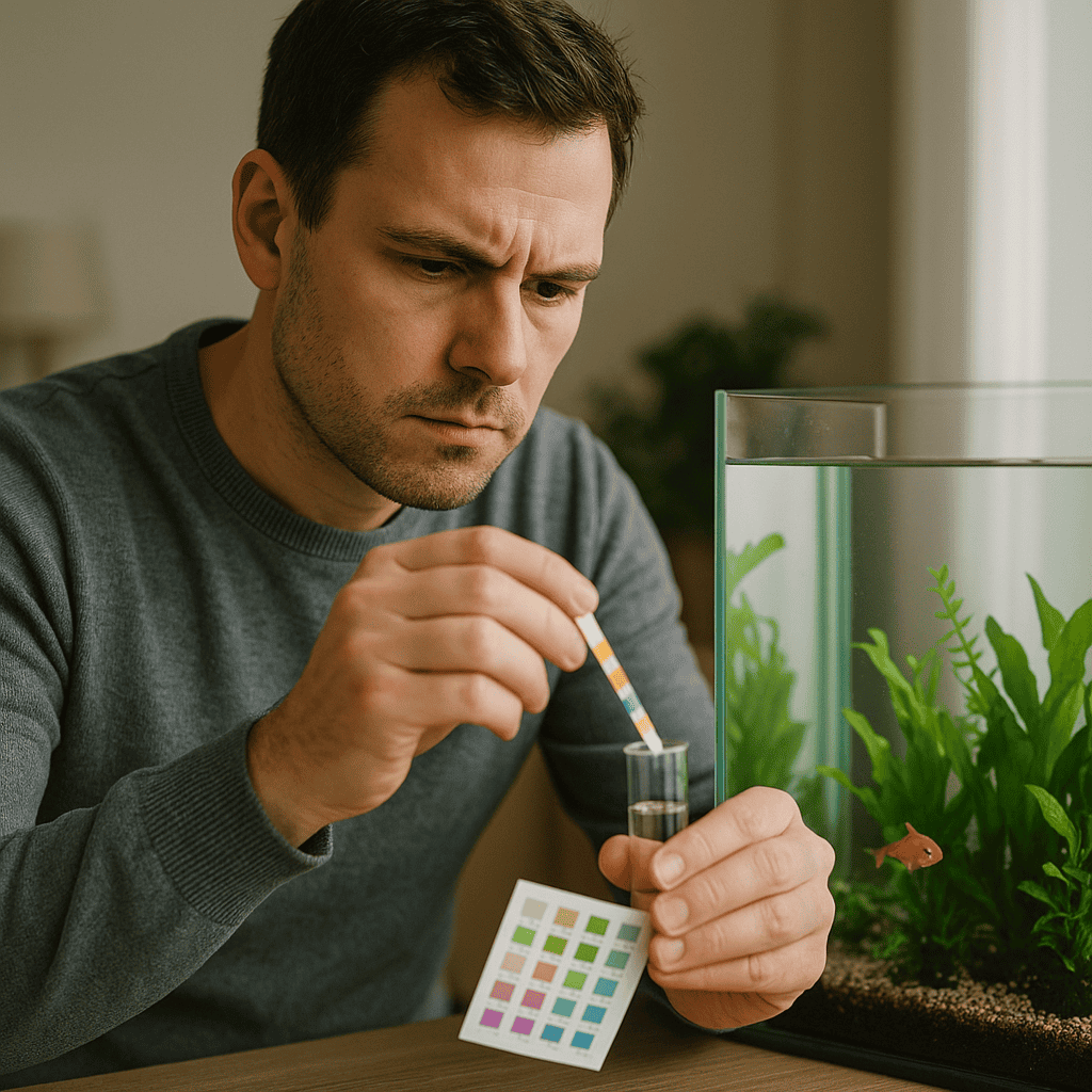 A man uses a test kit to check the water quality in his home aquarium, focusing carefully on the results.