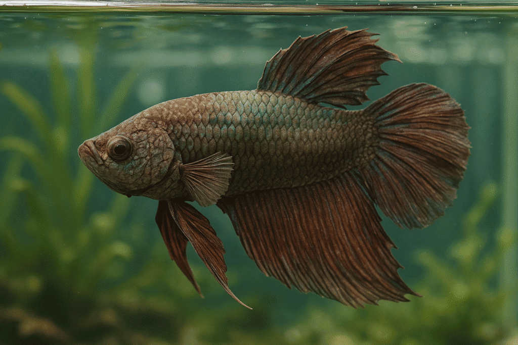 An elderly betta fish with faded colors swims slowly in a glass tank with plants and gravel at the bottom.