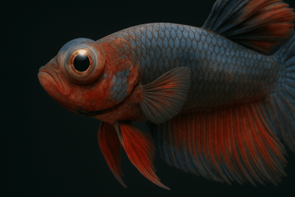 Close-up of a betta fish with swollen, protruding eye (popeye disease), showing red and blue scales and fins.