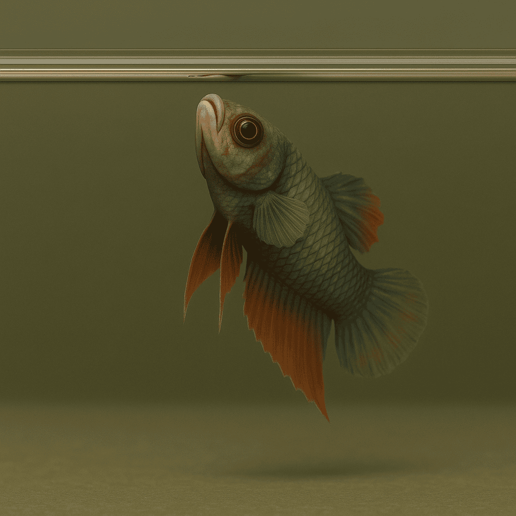 Pale, unhealthy betta fish gasping for air at the water surface in a tank.