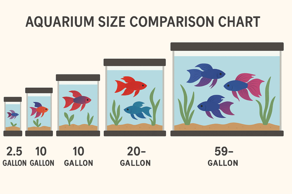 Aquarium size comparison chart showing 5 tanks from 2.5 to 59 gallons with colorful fish illustrations inside each tank