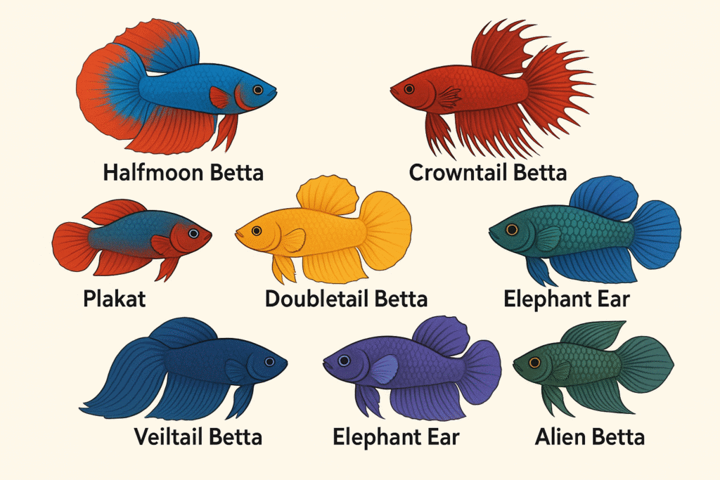 Chart displaying various betta fish types with different tail shapes and colors, including crown, halfmoon, and veiltail.