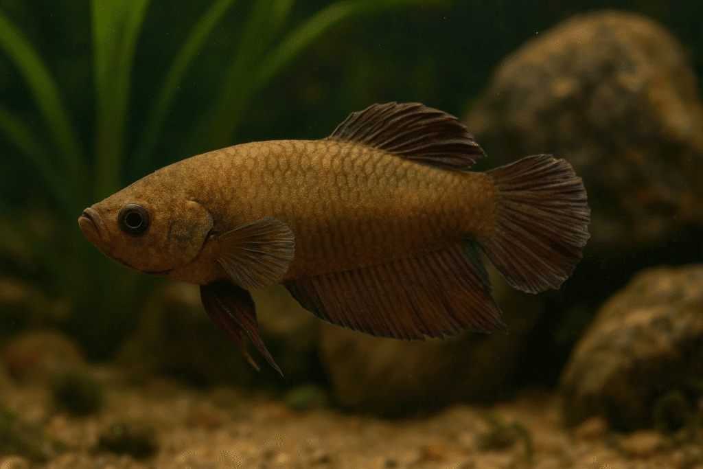 A realistic betta fish with visible gold dust-like patches on its body and fins, showing symptoms of Velvet Disease.
