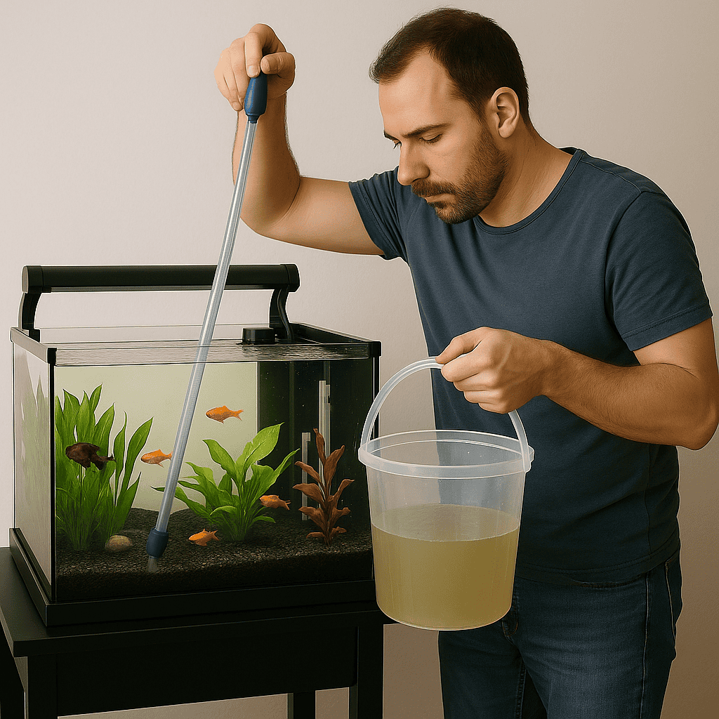 Person cleaning an aquarium with a siphon, holding a bucket of dirty water.