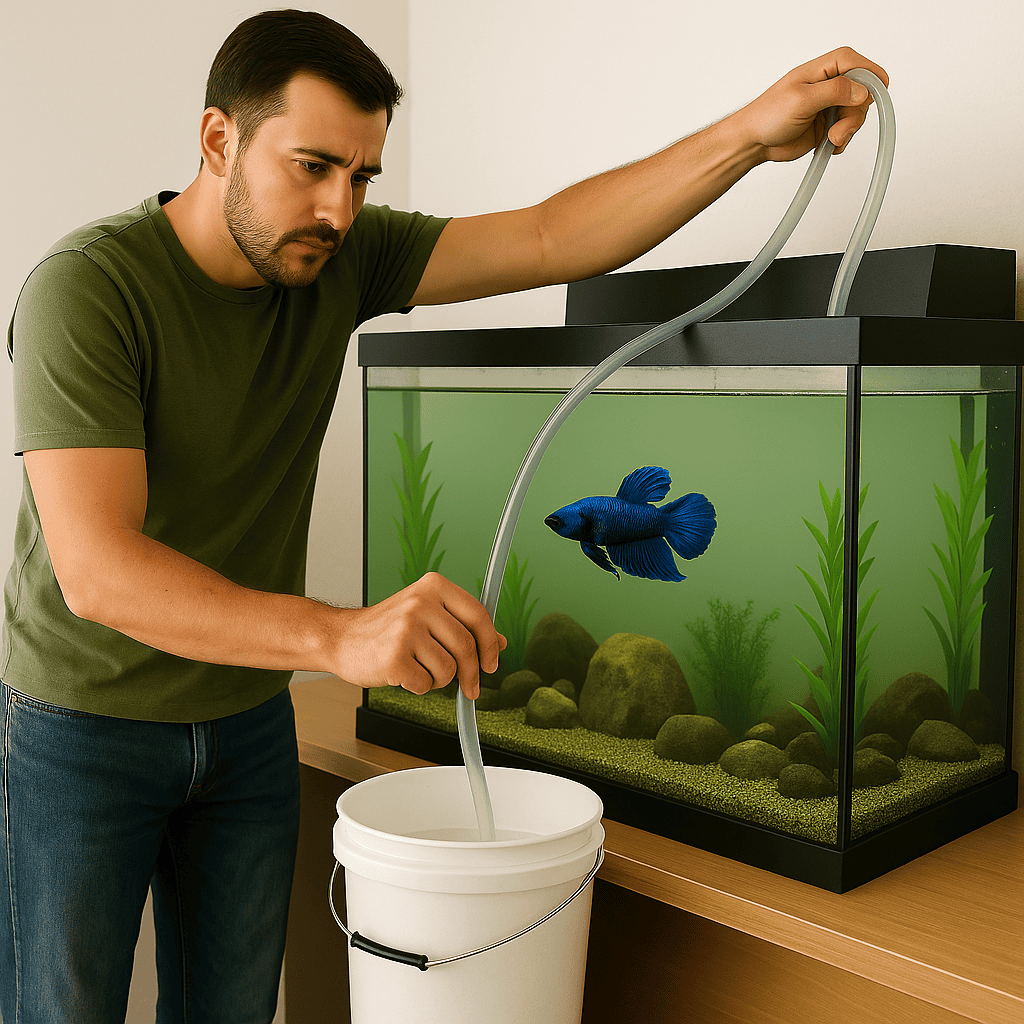 Person using a siphon to drain water from a fish tank into a white bucket.